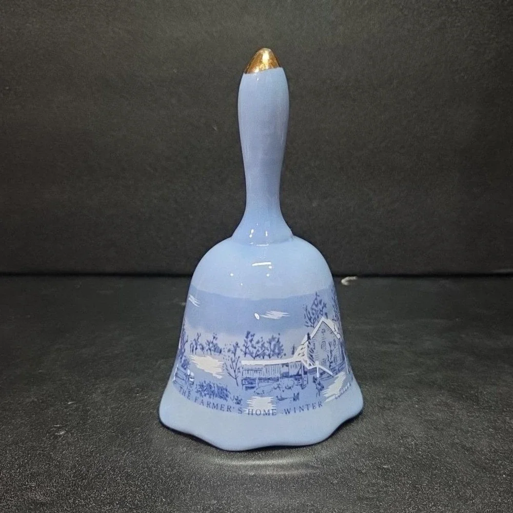 Currier & Ives The Old Homestead Dinner Bell, Vintage Winter Blue Ceramic Accent